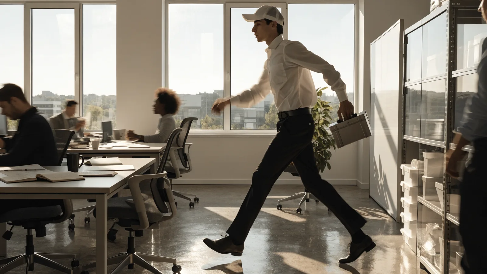Photo of a pest-control field technician striding through a busy operations office, illustrating agentic AI that acts, not just tracks