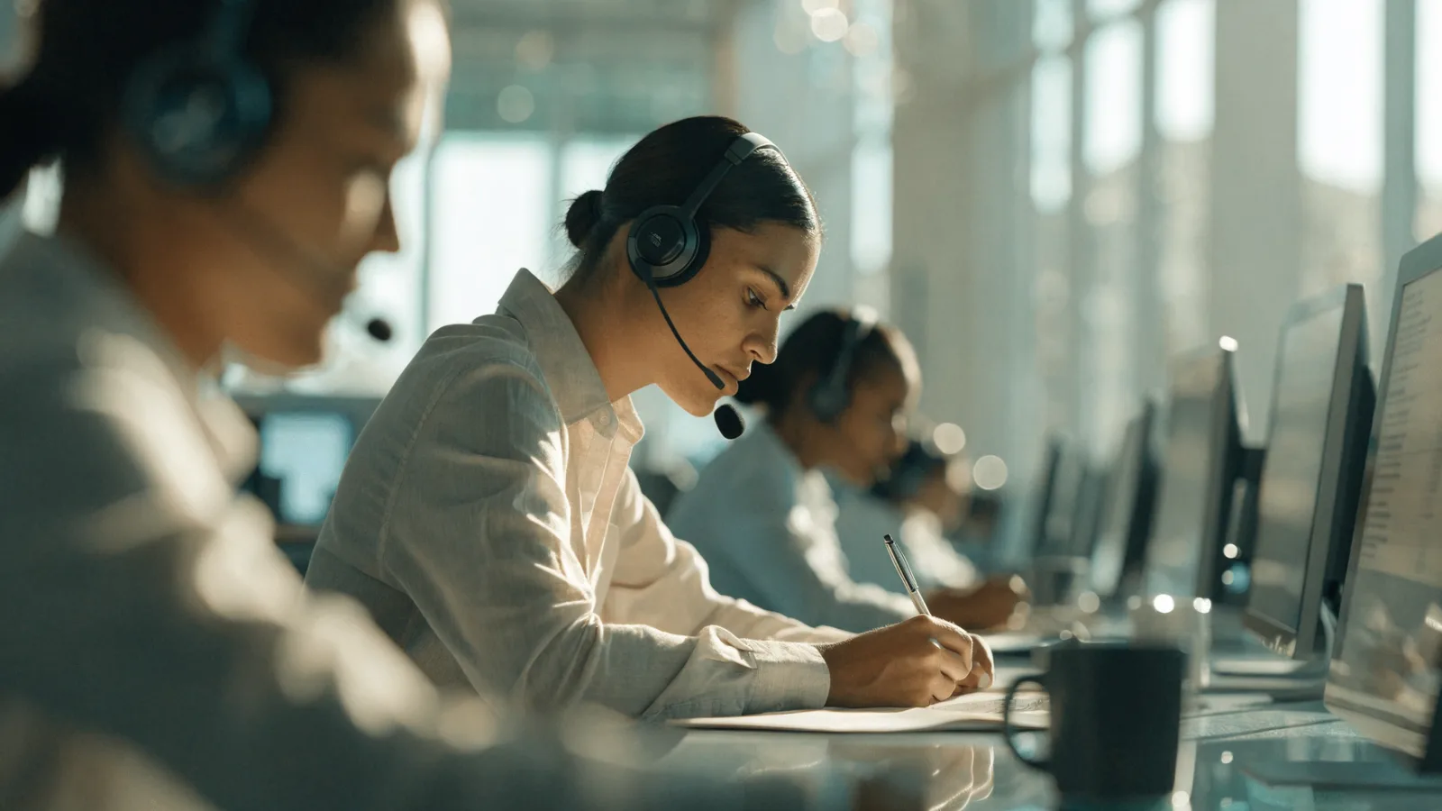 Photo of a pest-control call-center agent wearing a headset and taking notes during a customer call, illustrating AI call analysis and QA