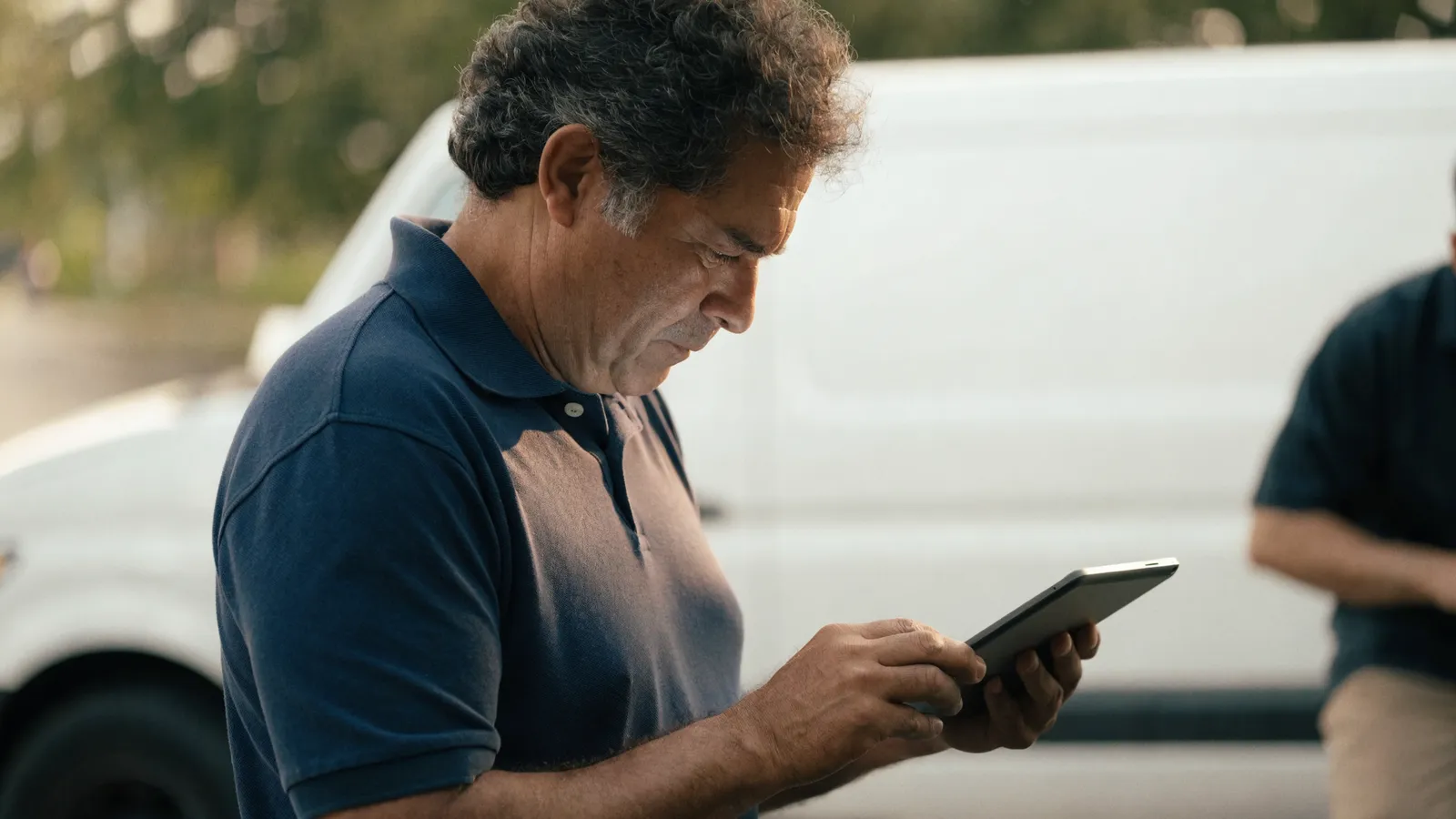 Photo of a pest-control operator reviewing data on a tablet by a service van, weighing whether to replace or augment FieldRoutes with Ardenus.