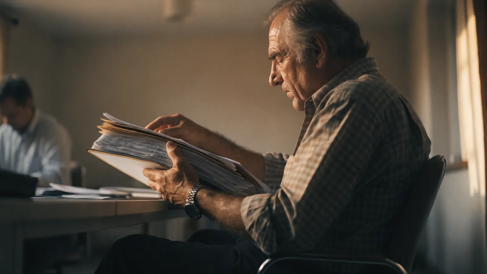Veteran pest-control operator reviewing thick paper compliance records at a desk, weighing PestPac legacy software against an AI overlay