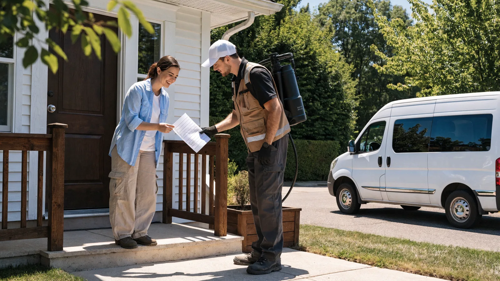 Color photo of a pest control technician handing a printed estimate to a homeowner on a sunny front porch with a branded service van parked at the curb in bright daylight.