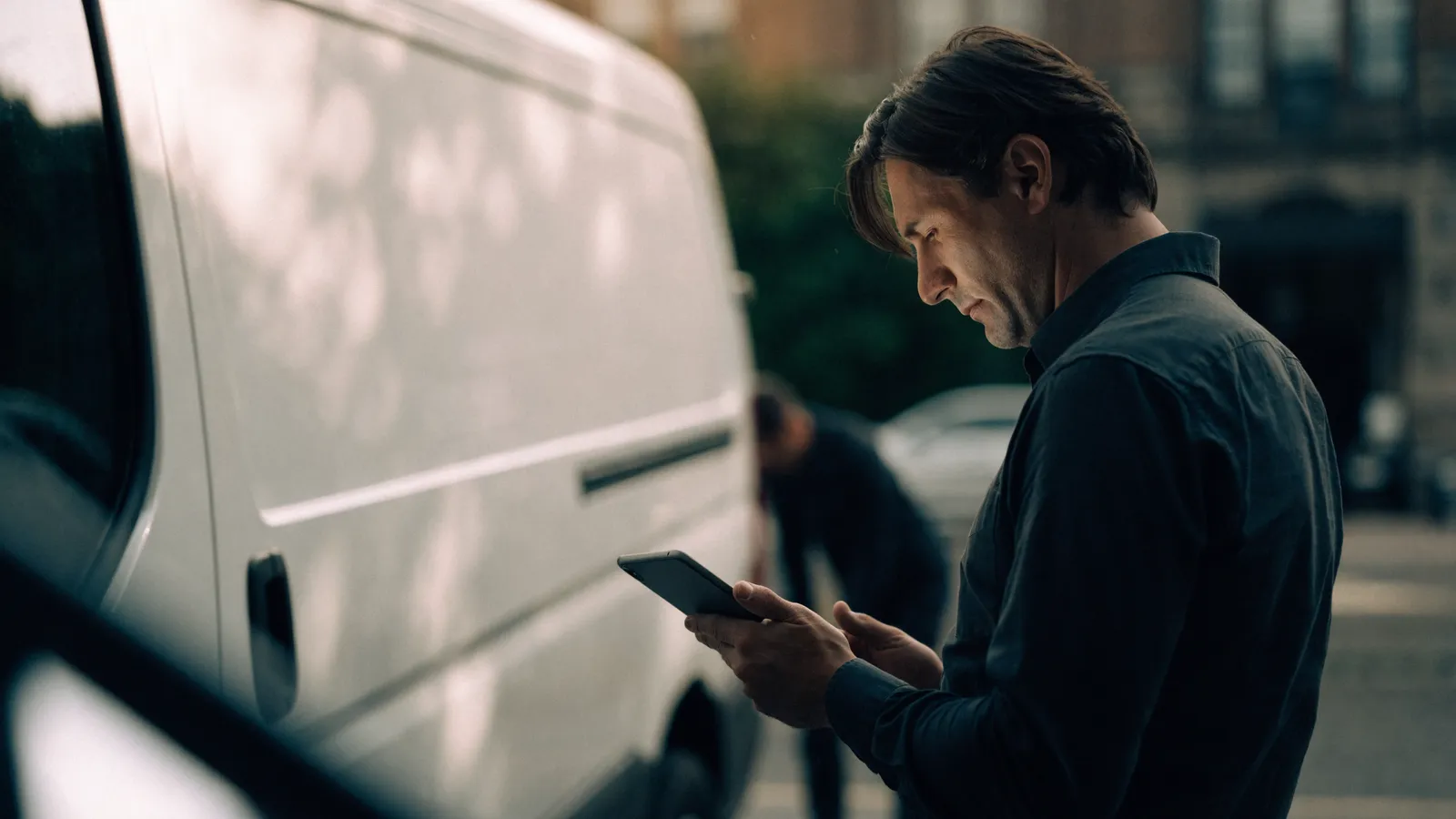 Photo of a pest-control operations manager checking a tablet beside a white service van while comparing FieldRoutes alternatives.