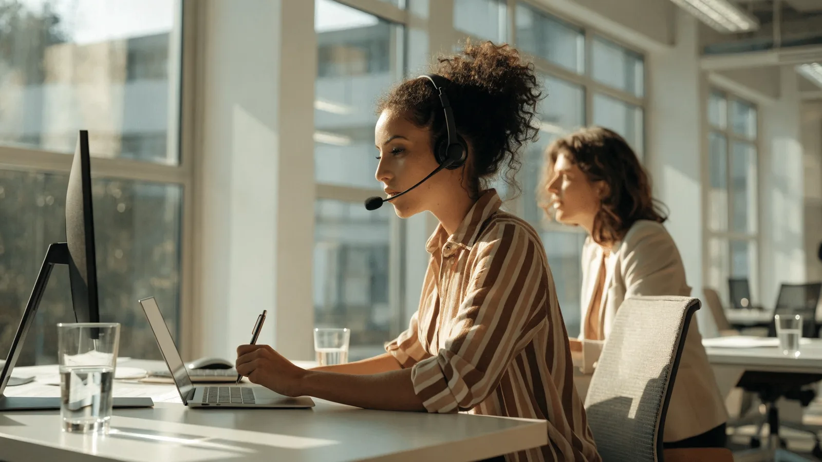Pest control customer-success manager on a headset reviewing a printed account-retention report with a colleague, weighing RevHawk alternatives and churn-save options