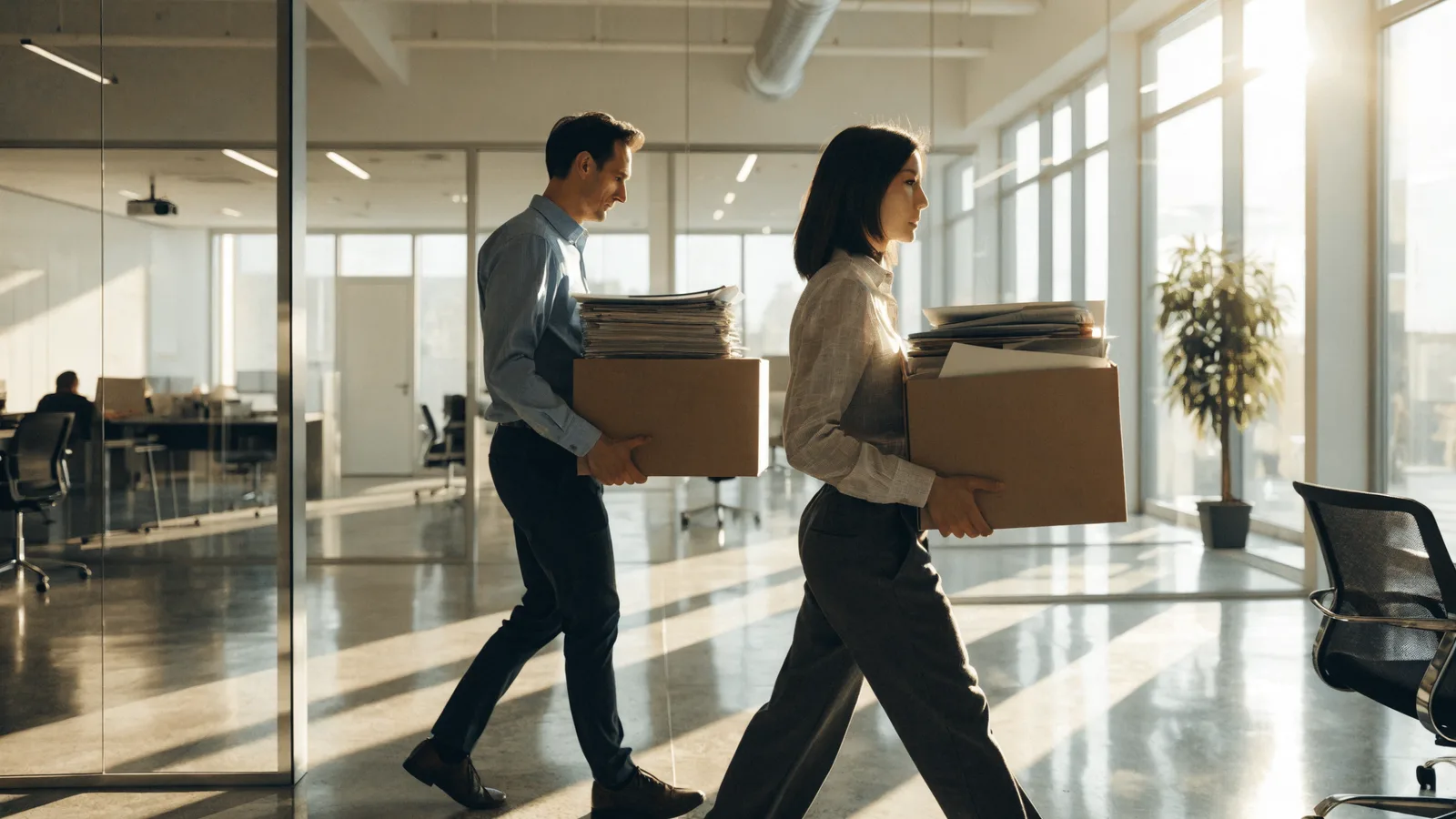 Photo of two office workers carrying boxes of paper records through a modern office, evoking the disruption of switching pest control software