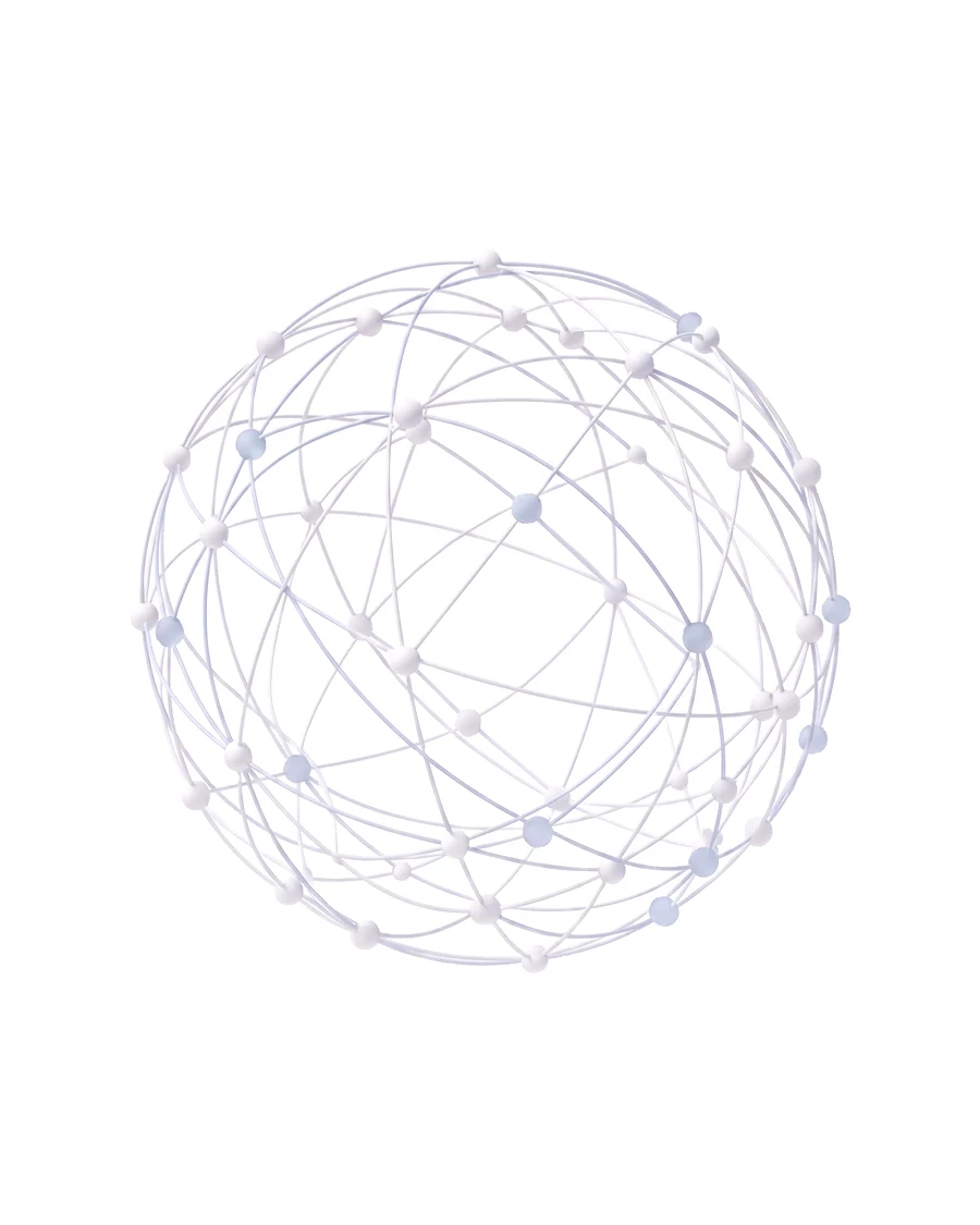 A clean matte render of a floating spherical network of white nodes joined by thin arcs into a globe, a scattering of the nodes tinted frosted pale-blue.