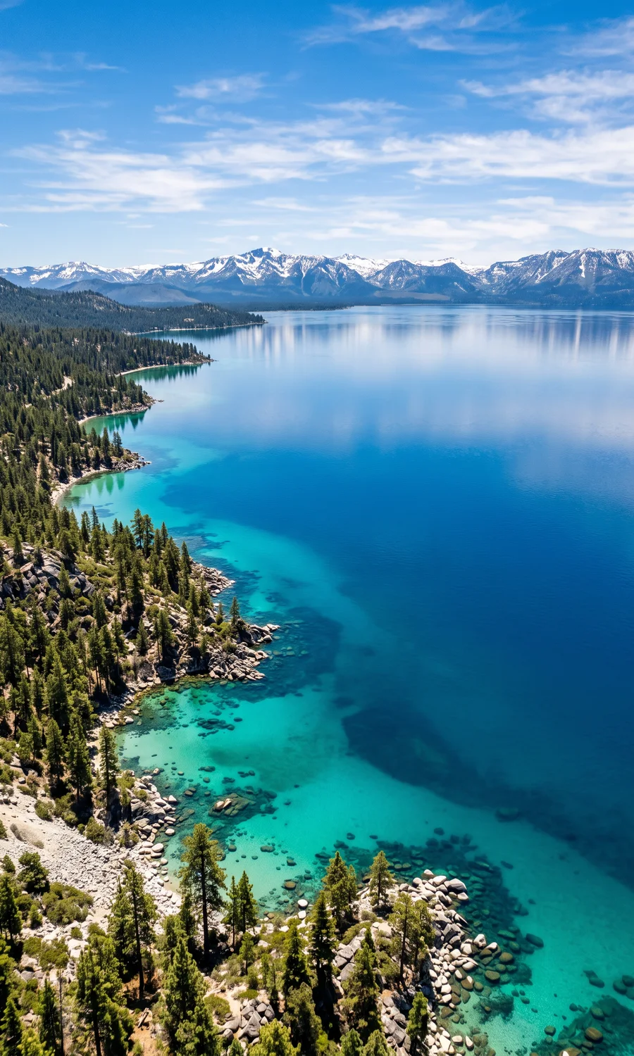Aerial view of a pristine alpine lake ringed by evergreen forest and snow-capped mountains, its clear water shading from turquoise shallows to deep blue.