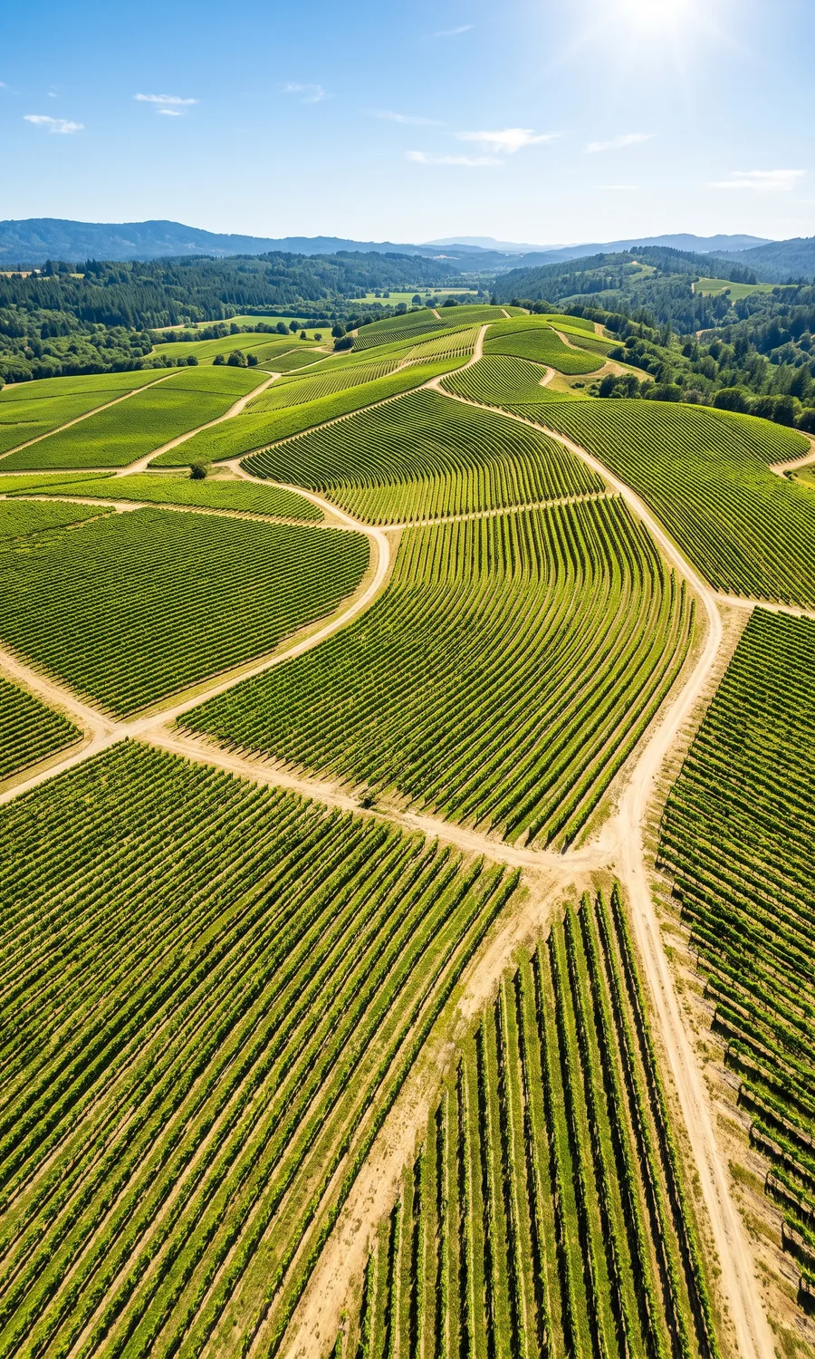 Aerial view of ordered rows of vivid green vines curving over rolling vineyard hills.