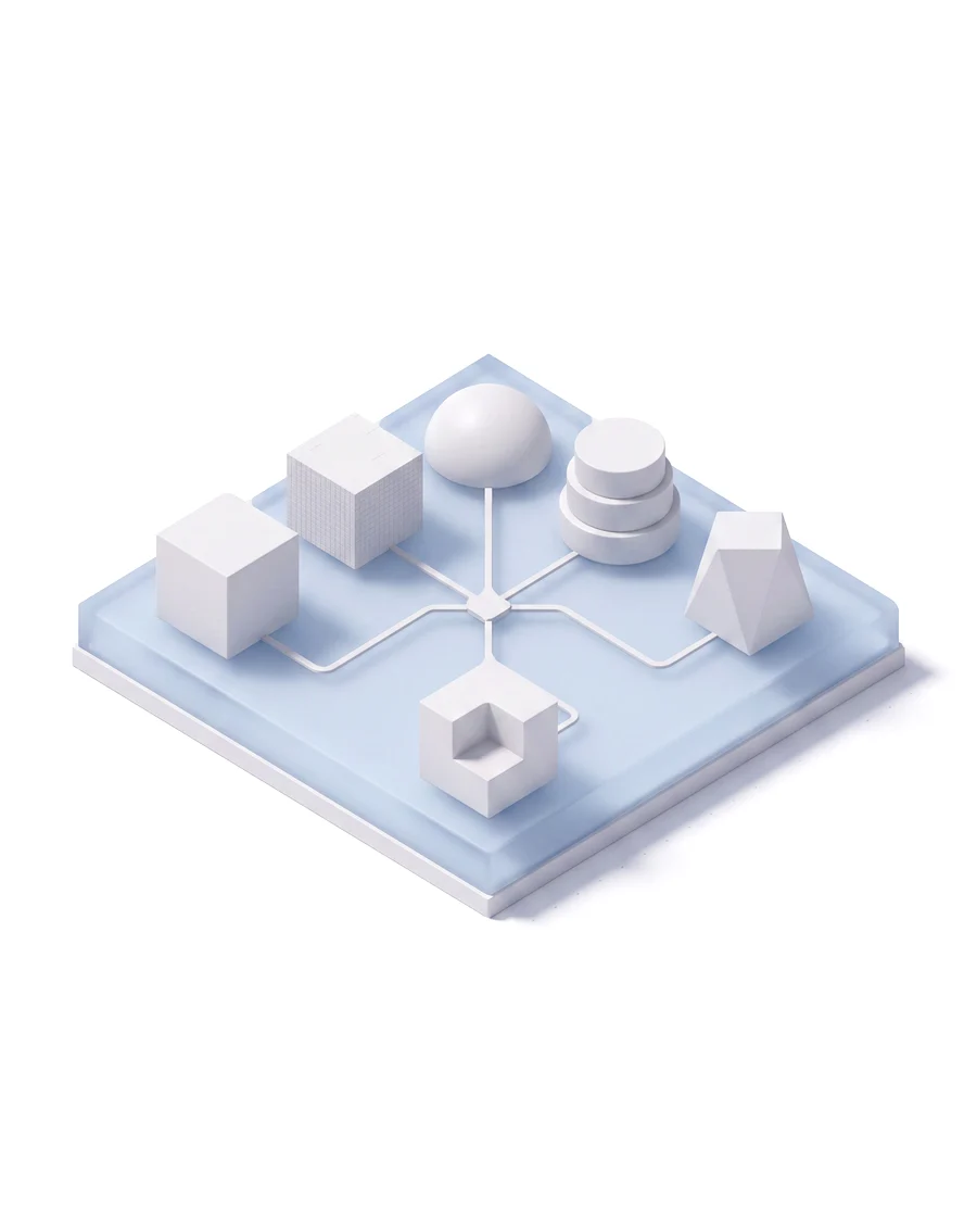 A clean matte isometric render of several distinct white system modules resting on one shared frosted pale-blue platform, each linked by a thin grey trace to a central point.