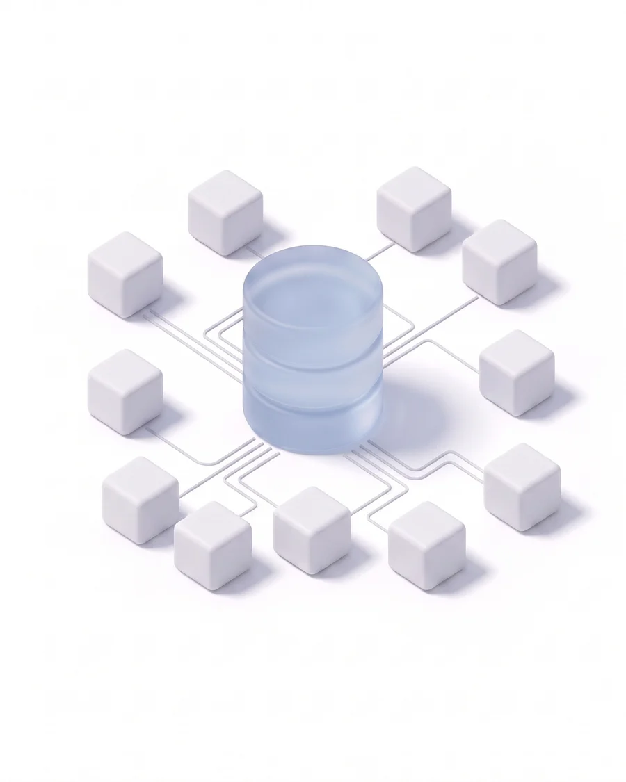 A clean matte isometric render of many white source blocks linked by thin grey traces that converge on one frosted pale-blue central data drum.