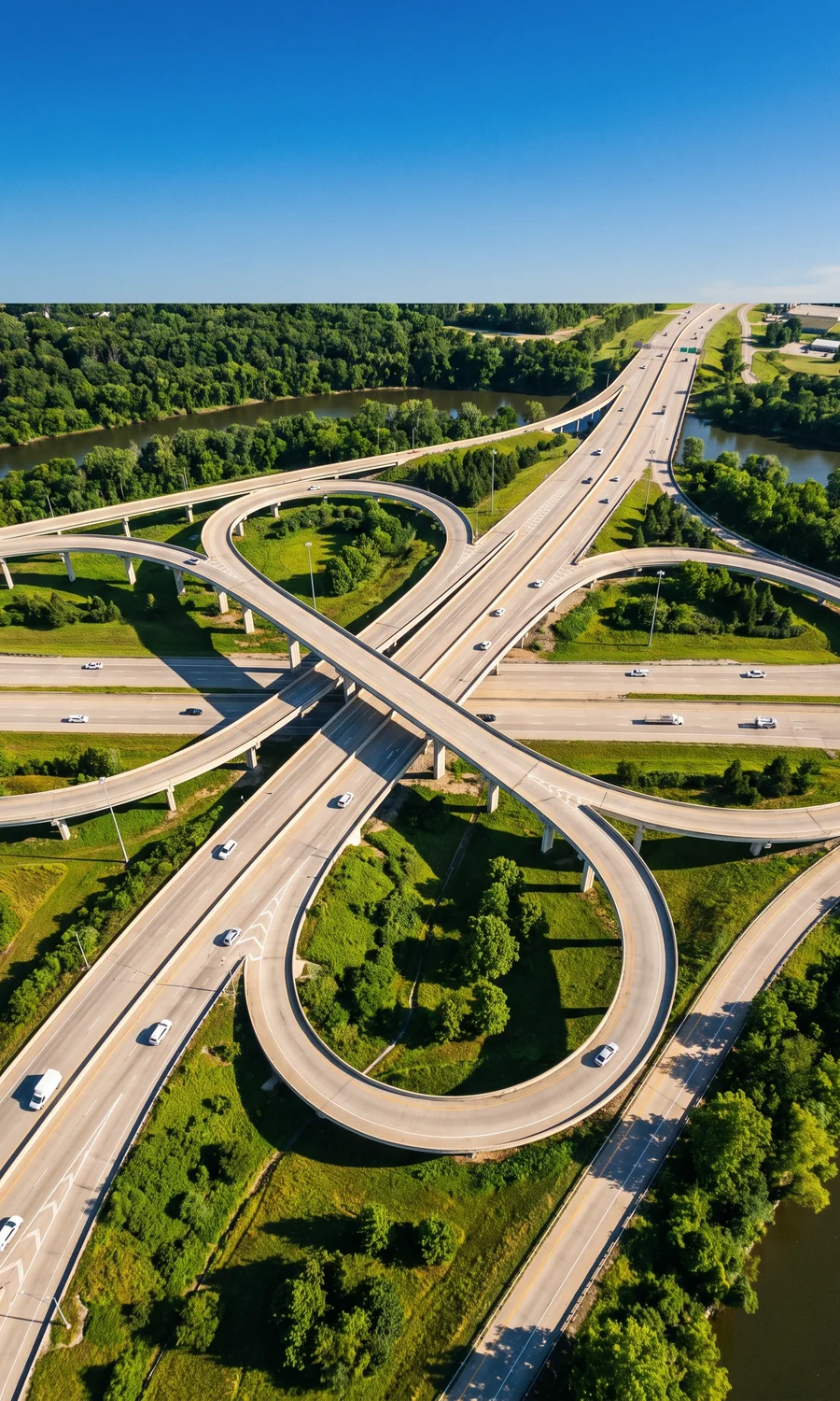 Aerial view of a multi-level highway interchange, its curved ramps looping over green landscaping beside a river.