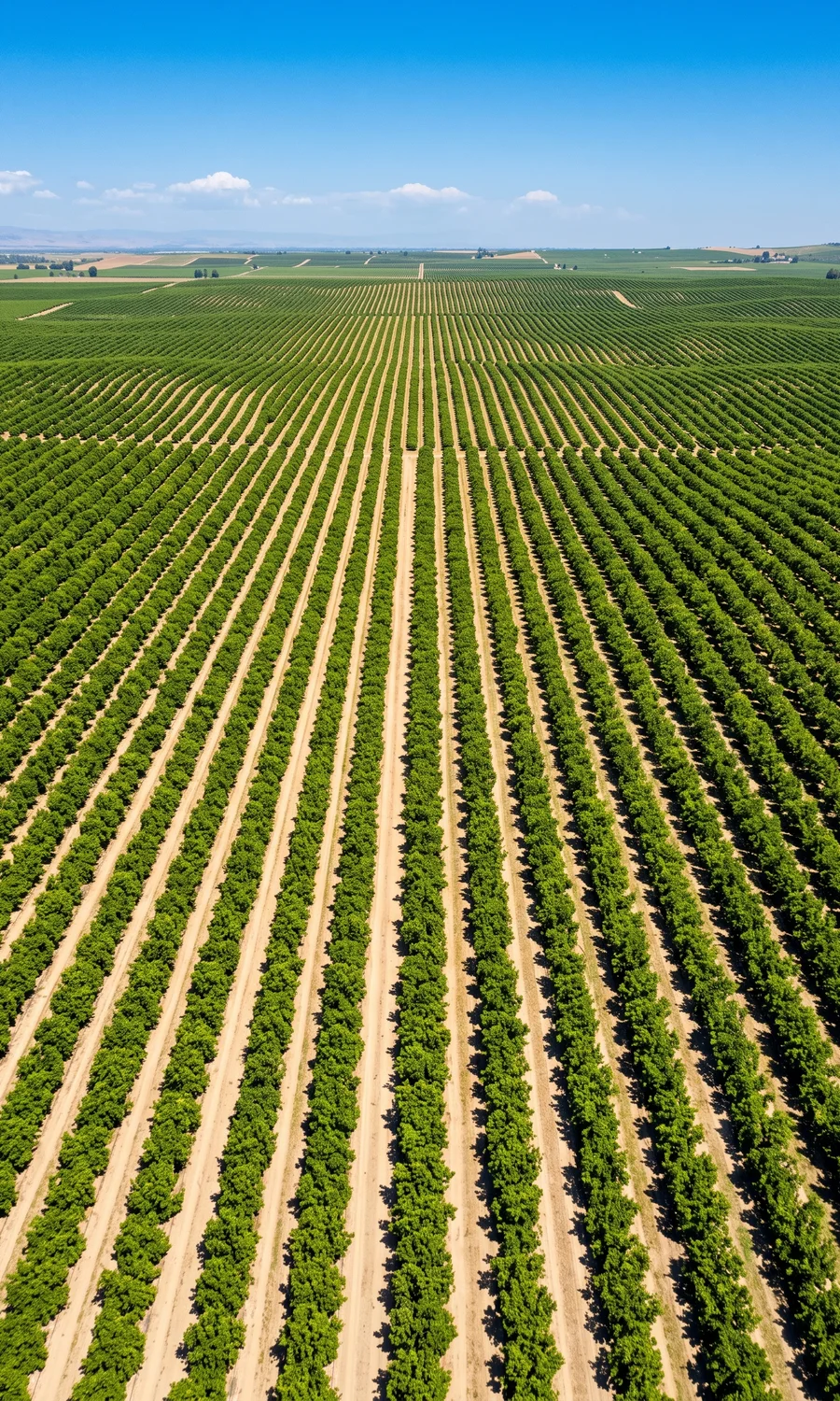 Aerial view of a vast commercial fruit orchard planted in a precise grid, endless evenly spaced rows of vivid green trees receding to the horizon between pale soil lanes on a clear sunny day.