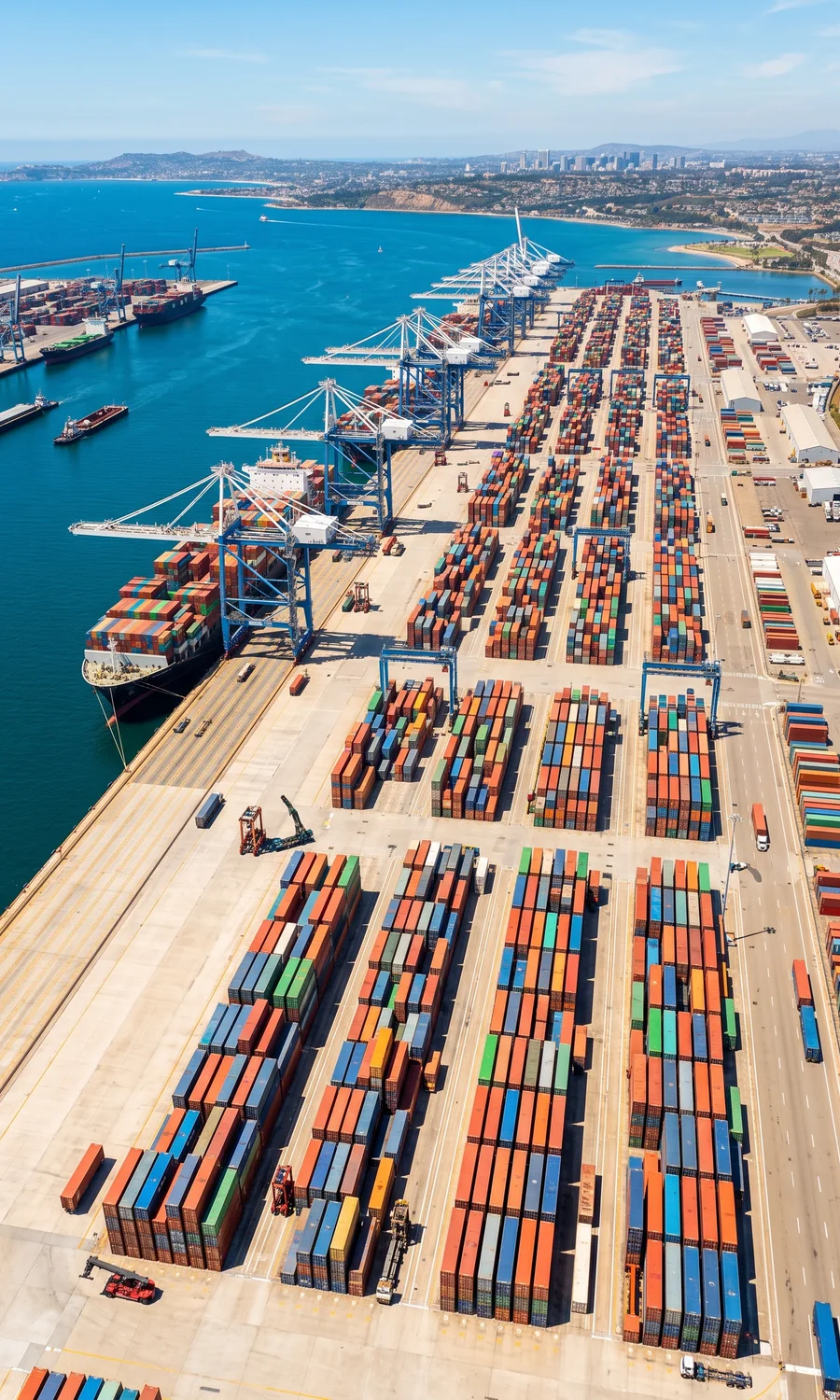 Aerial view of a busy container shipping port along a deep-blue harbor, long rows of stacked colourful shipping containers, tall quayside gantry cranes and moored container ships on a clear day.