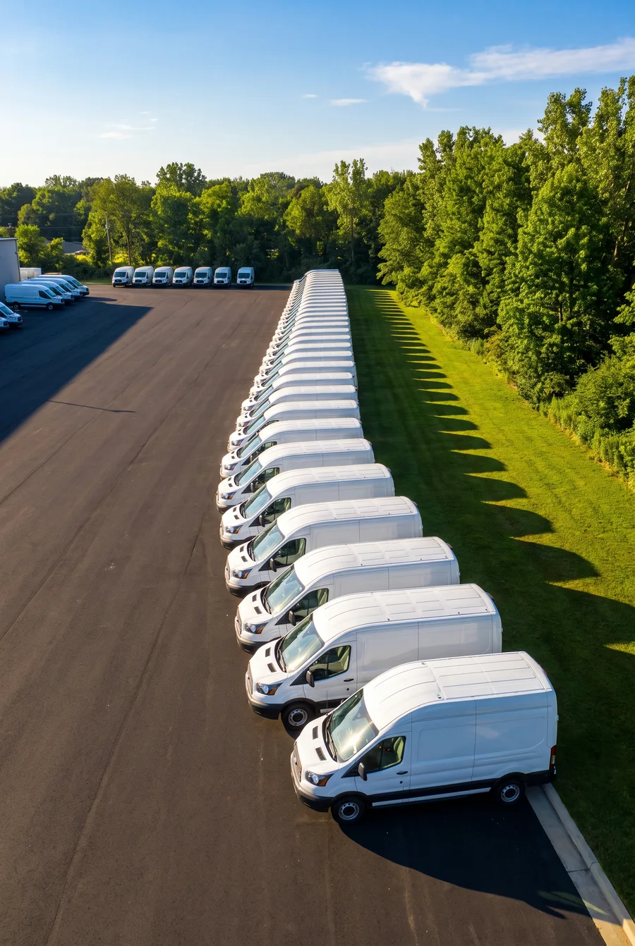 A fleet of white work vans lined up at a depot yard.