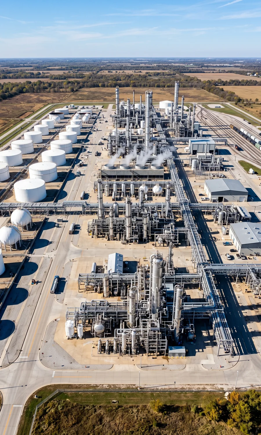 Aerial view of a sprawling chemical-manufacturing plant on a clear day — rows of white storage tanks and spherical vessels, silver distillation columns and dense pipe racks laid out across an ordered industrial site.