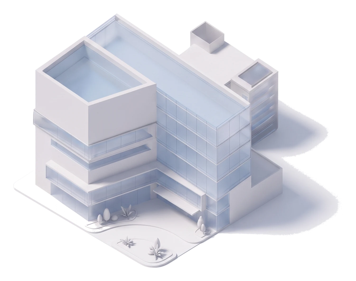 Isometric illustration of a company headquarters with a satellite office and a service van.