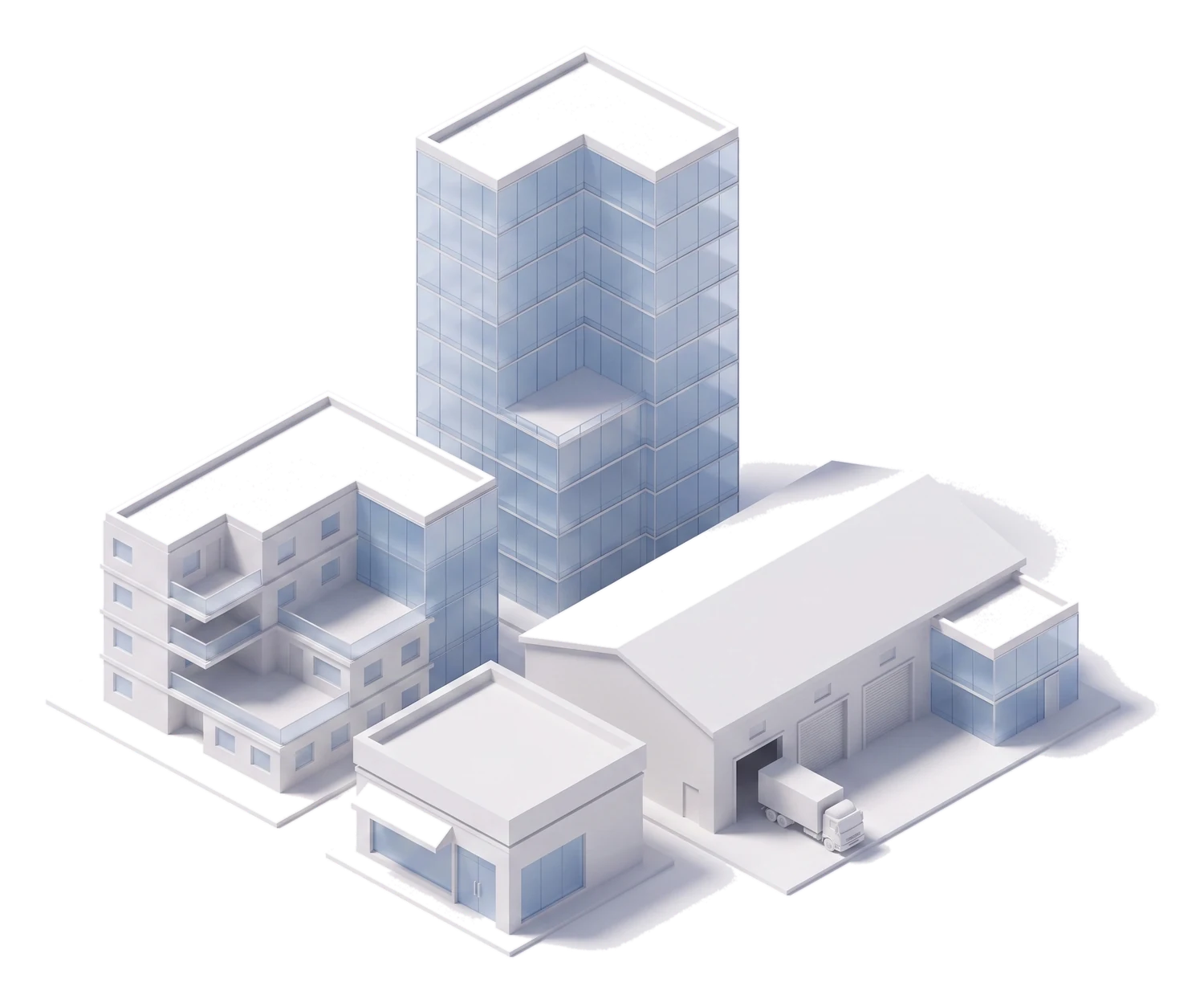 Isometric illustration of a portfolio of different buildings: apartments, a distribution warehouse, an office tower, and a storefront.