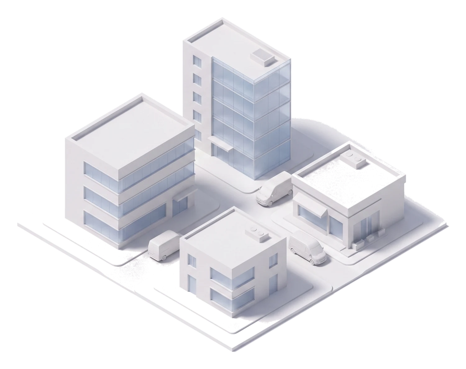 Isometric illustration of several branch buildings with service vans traveling between them.