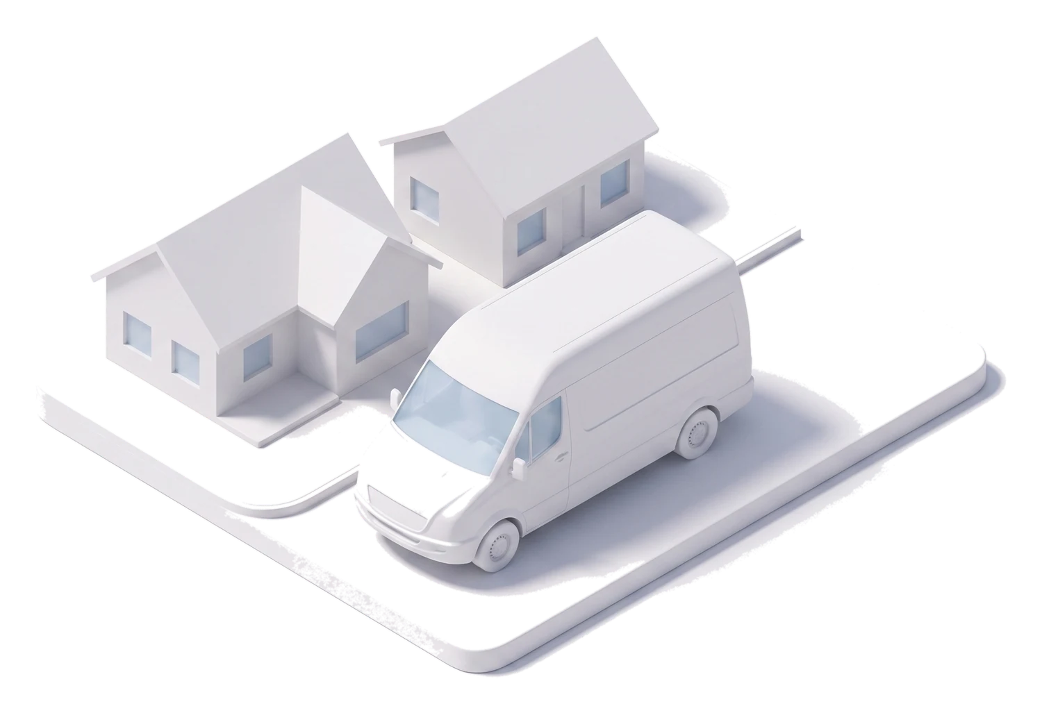Isometric illustration of a service vehicle on its route between two homes.