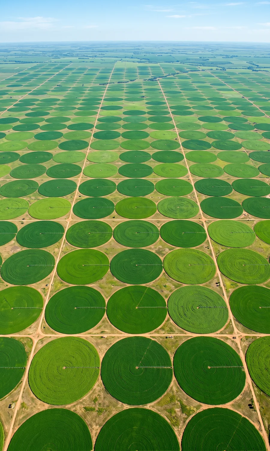 Aerial view of vast farmland irrigated by center-pivot systems, forming an ordered grid of vivid green crop circles receding to the horizon.