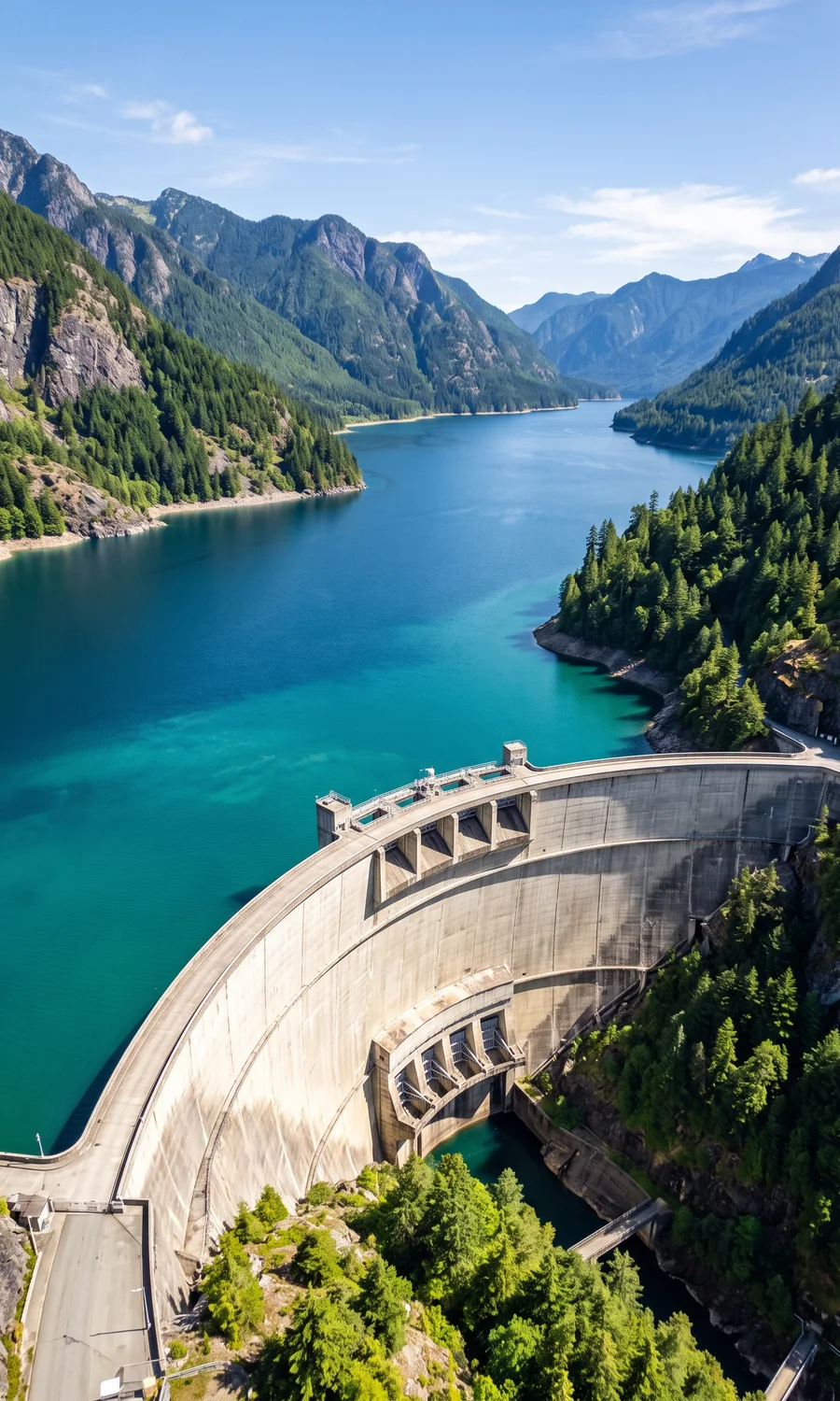 Aerial view of a curved concrete hydroelectric dam holding back a deep turquoise reservoir that winds between steep forested mountains.