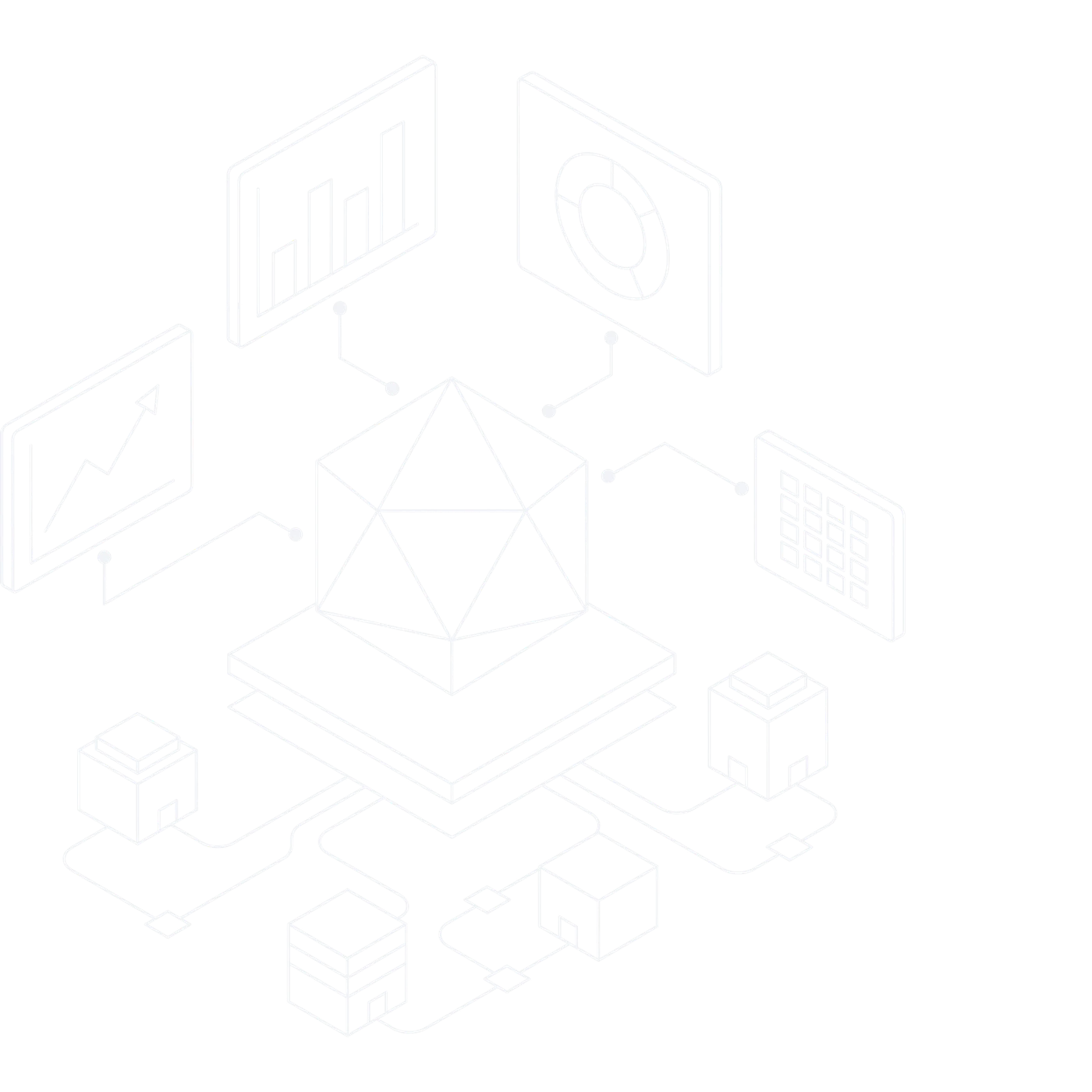A technical blueprint line drawing: an isometric white wireframe of a faceted central data core on a raised platform, ringed by floating dashboard panels for a rising trend, a bar chart, a ring chart, and a data grid, each linked back to the core, with simple buildings below joined by thin route lines feeding into it.