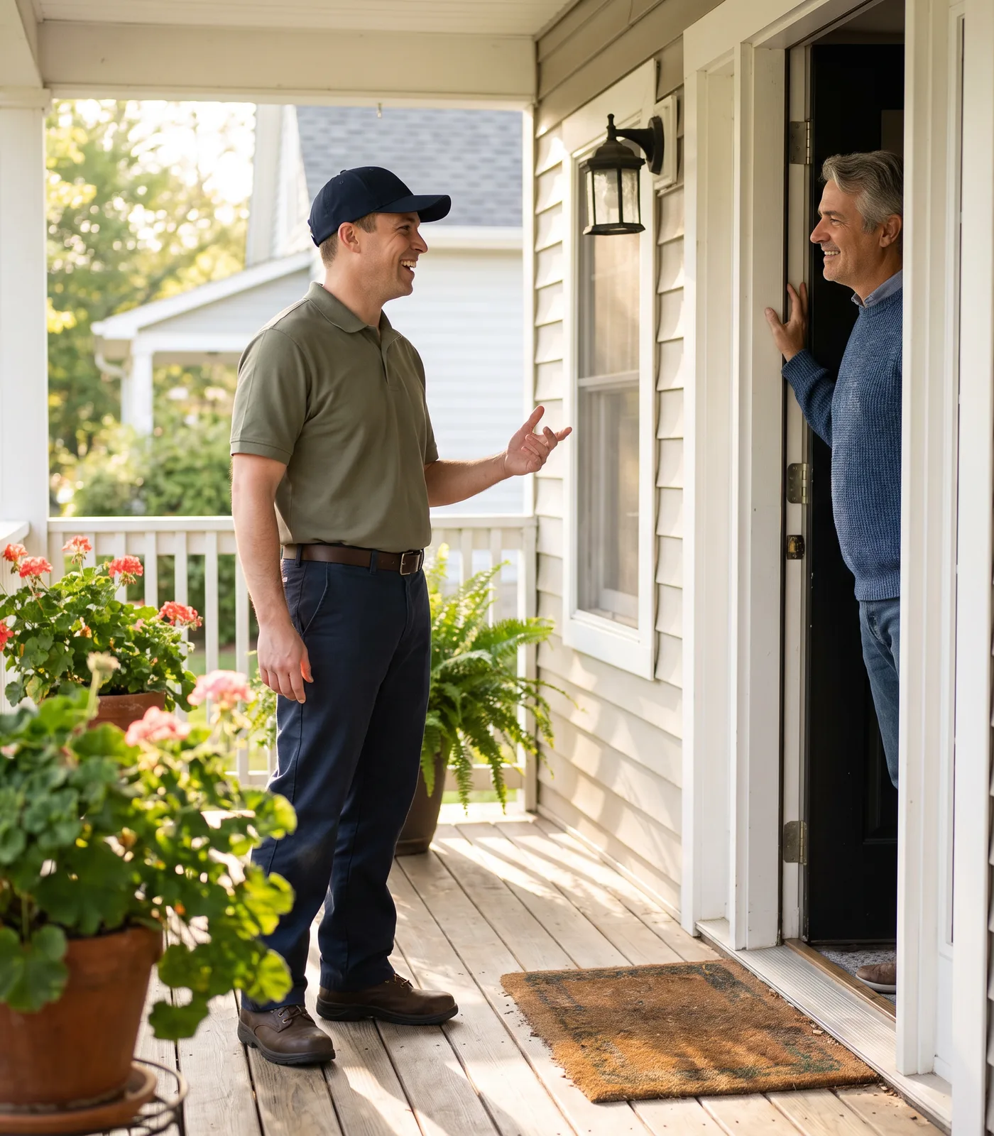 A warm daylight photograph of a field-service technician in a plain uniform standing on a suburban front porch, talking with a homeowner at their open front door.