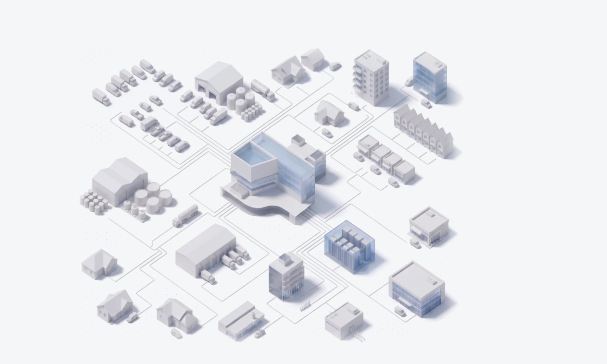 A wide isometric map of a whole field-service operation: a central glass dispatch hub tinted frosted pale-blue, with thin routes fanning out across the city to warehouses, offices, homes, and vehicle depots, and small white agent units travelling those routes to carry out the work.