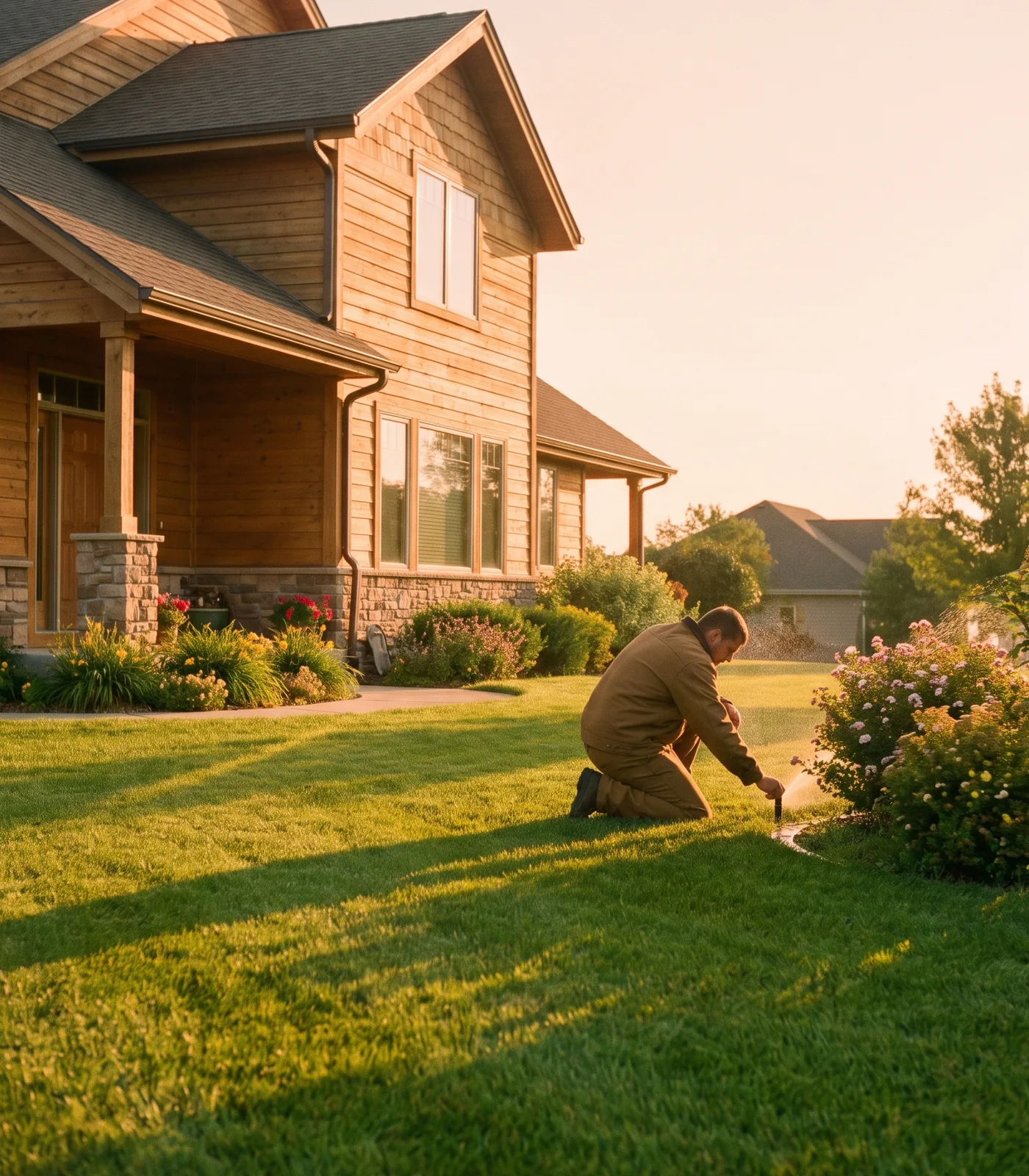 A golden-hour photograph of a well-kept suburban home with a lush green front lawn, a field-service technician tending the yard in the mid-ground.