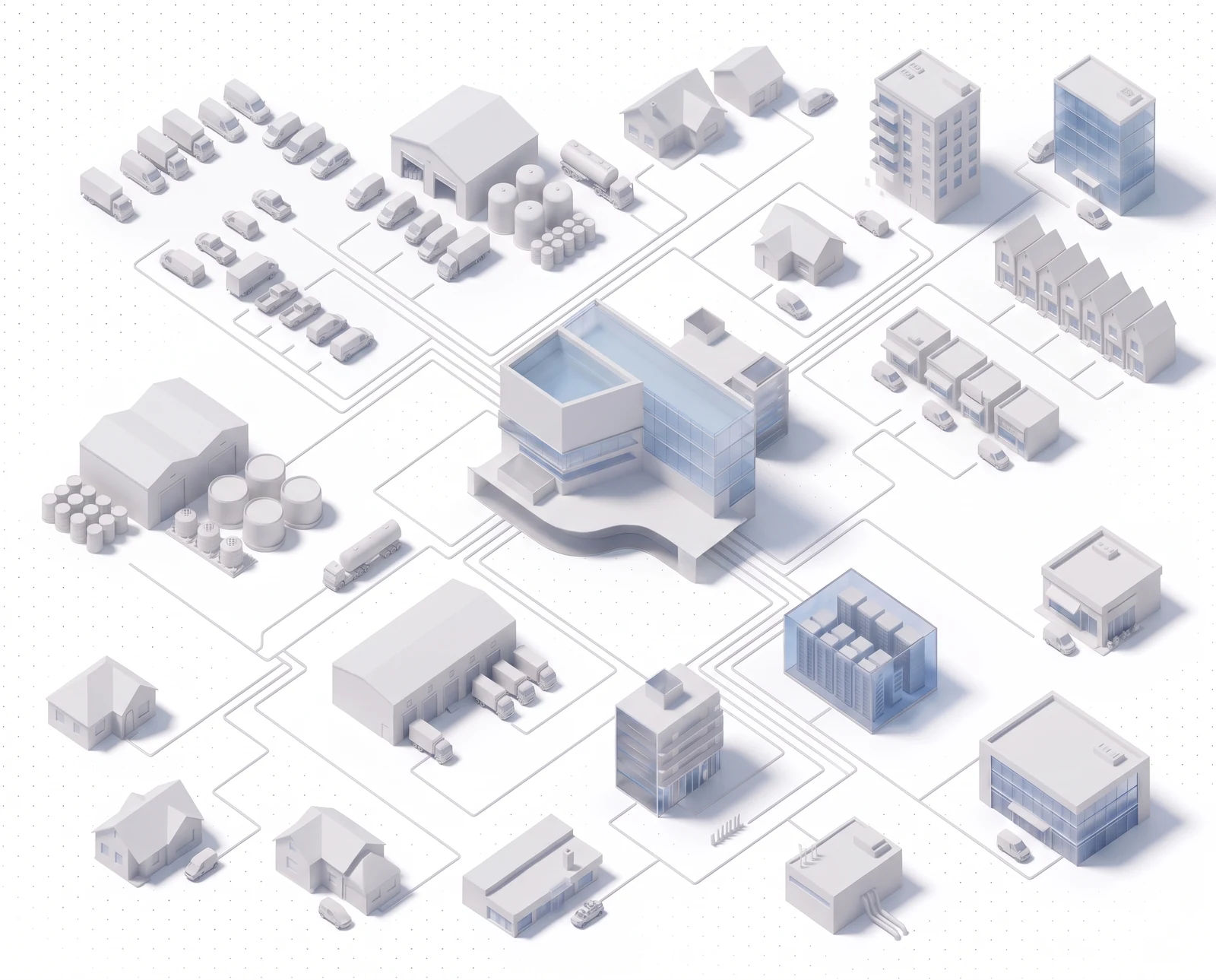 Isometric diagram of a field-service operation: a central headquarters wired by clean connector lines to its fleet of service vans, the neighbourhoods it serves, its chemical store, and its back-office systems.