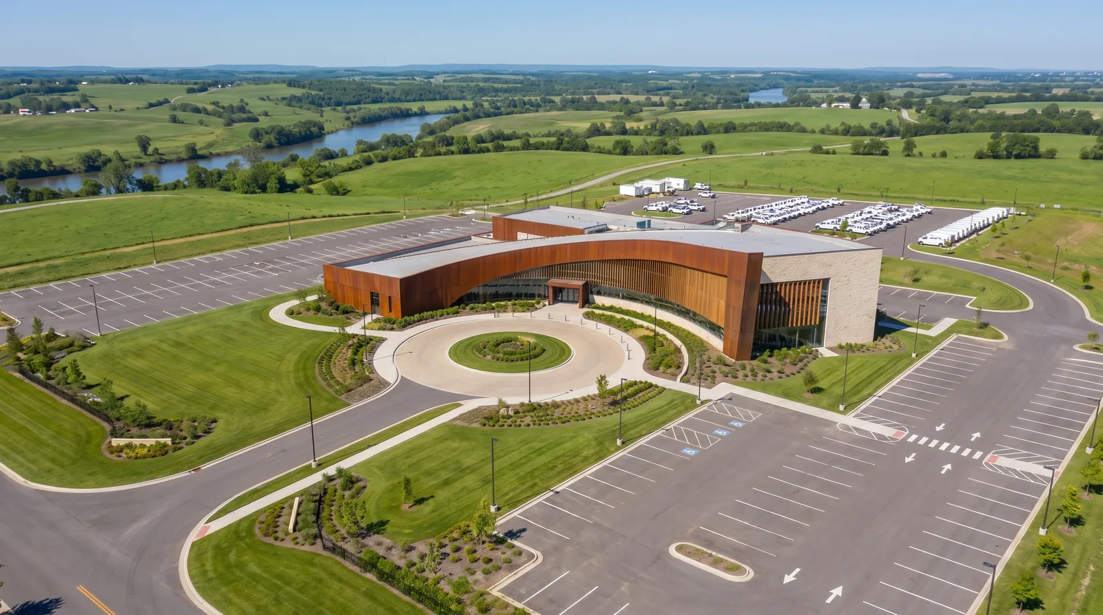Aerial view of a modern field-service headquarters, its fleet of white service vans staged in the rear lot, set in green river-valley countryside.